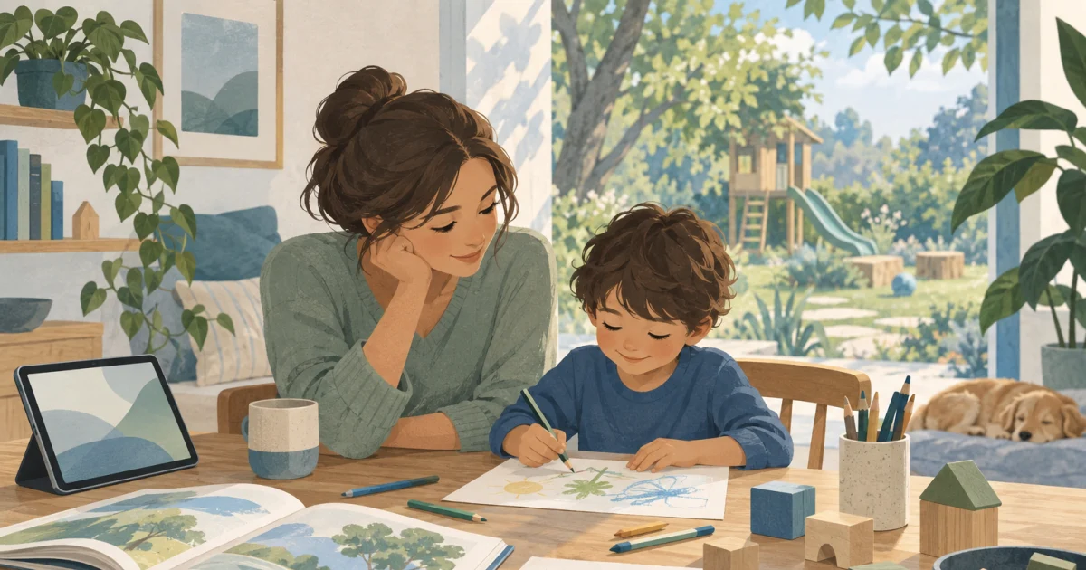 A child and adult sit at a table with books, drawings, building blocks and a tablet, beside a window overlooking a leafy play space.