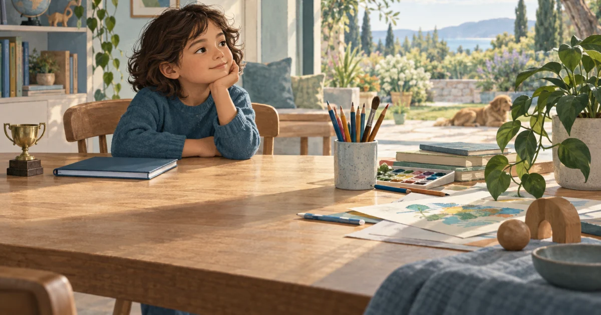 Illustration of a child at a table with a notebook, small trophy and art materials beside an open view of a garden, in soft blue, teal and sage tones.