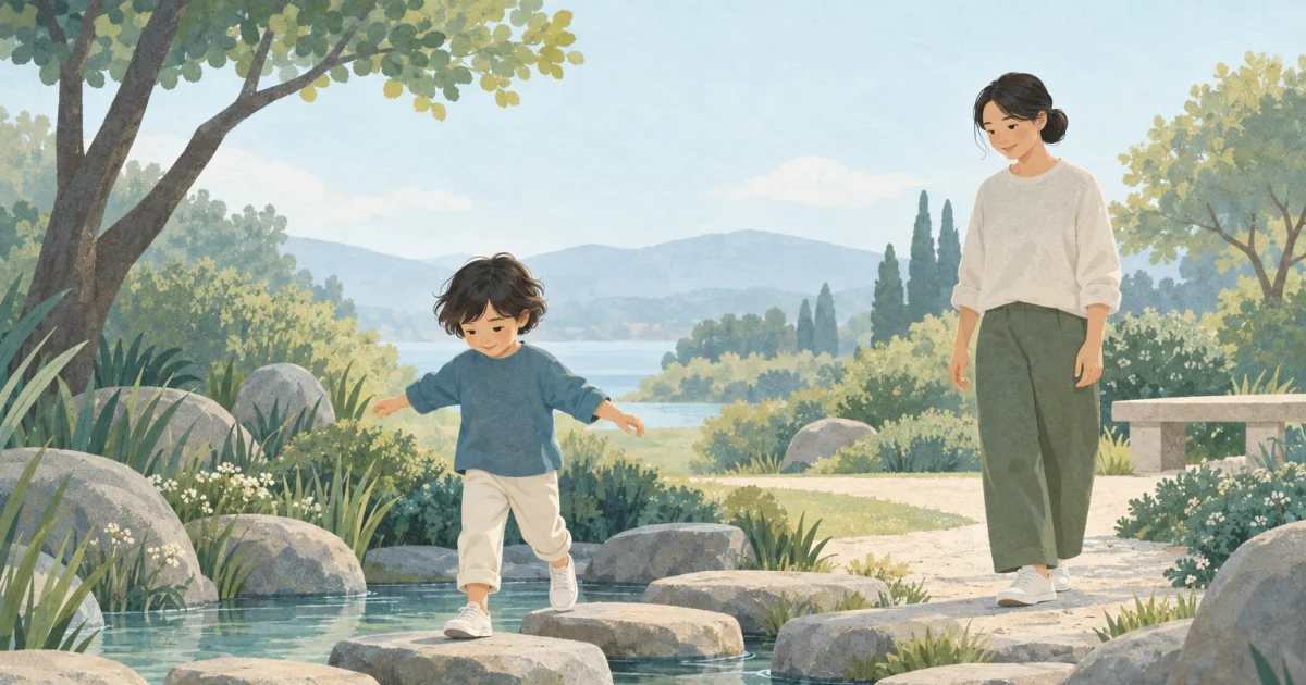 A child steps across low stones in a garden while a caregiver watches nearby, illustrated in soft blue, teal, sage and warm neutral tones.
