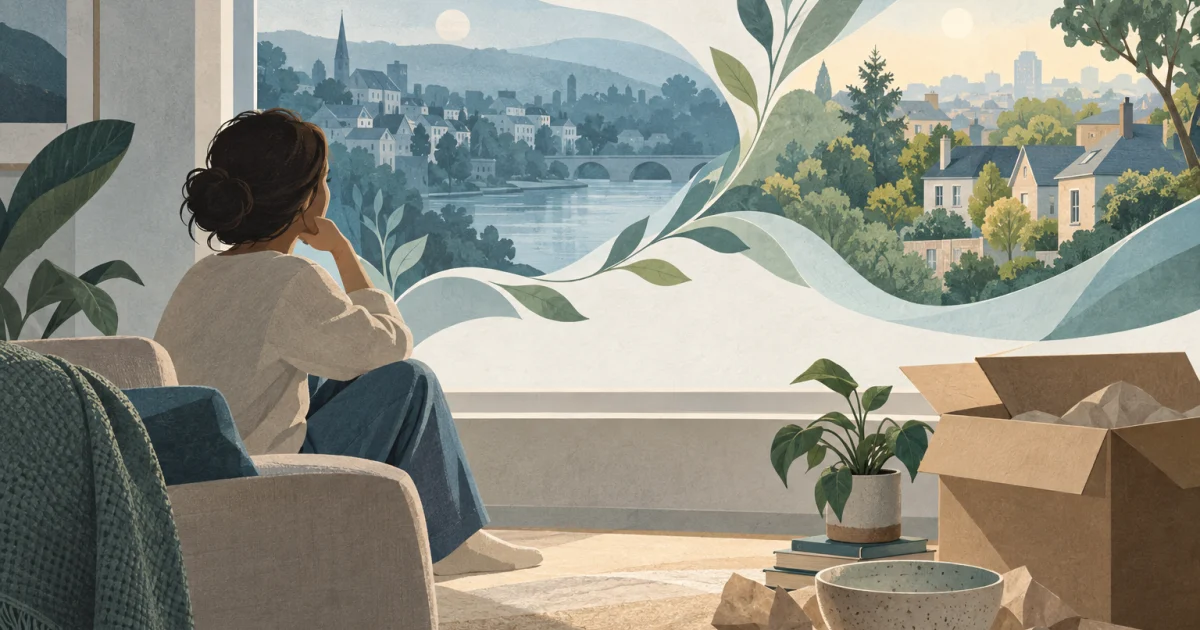 An illustrated figure sits beside a window with a plant, ceramic bowl, and moving box, while two neighbourhood landscapes overlap beyond the glass.