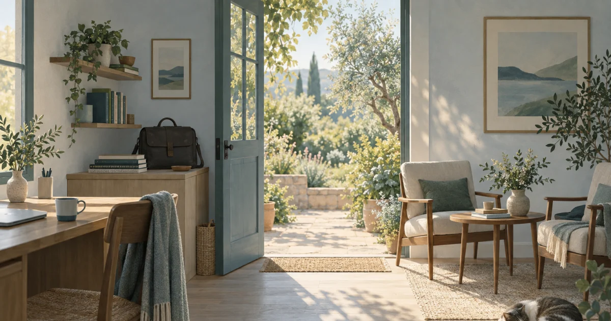 Illustration of a quiet room with a closed work bag beside a desk, two chairs near a table, and an open doorway overlooking a sunlit garden.