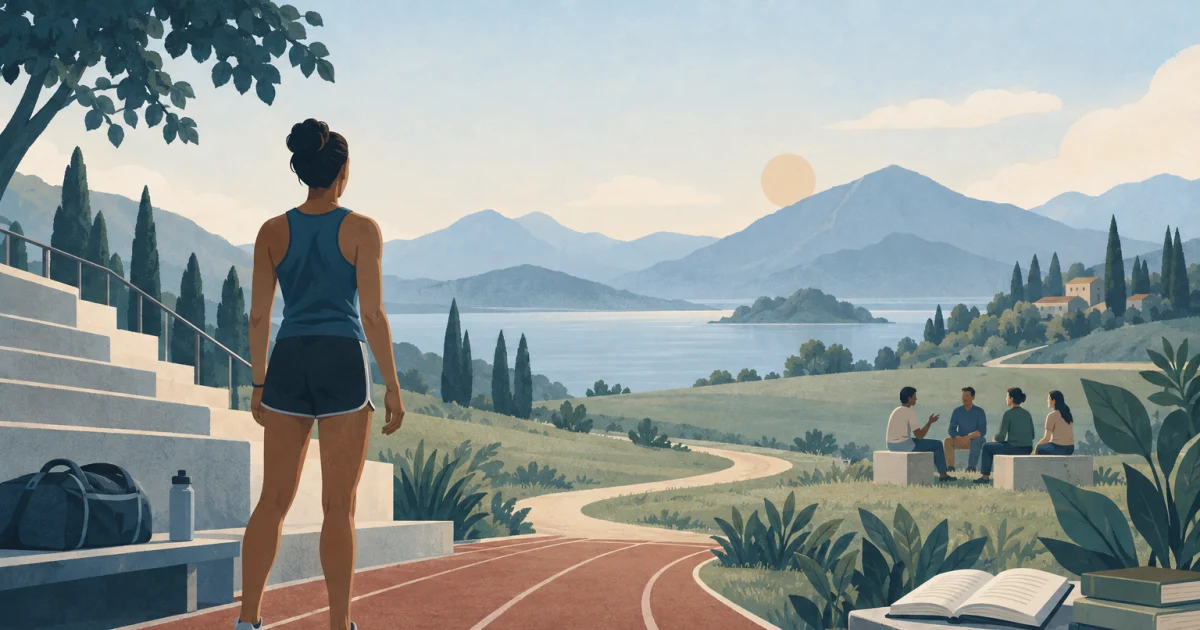 A stylized athlete stands beside a running track opening into a landscape with books, plants and people in conversation, illustrated in blue, teal, sage and warm neutral tones.