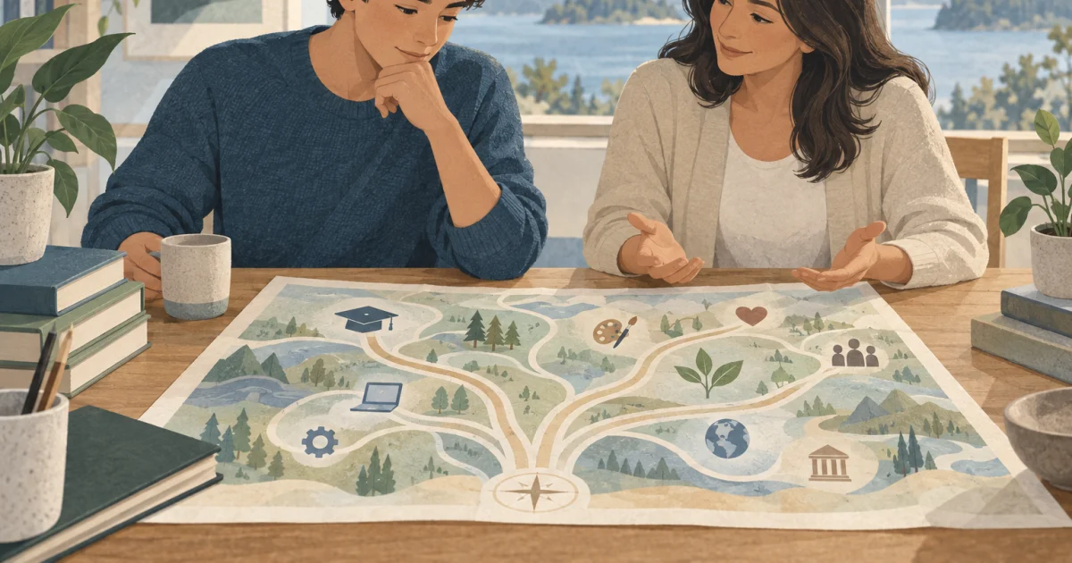 A young adult considers branching paths on a tabletop map while a parent sits beside them, rendered in soft blue, teal, sage, and warm neutral tones.