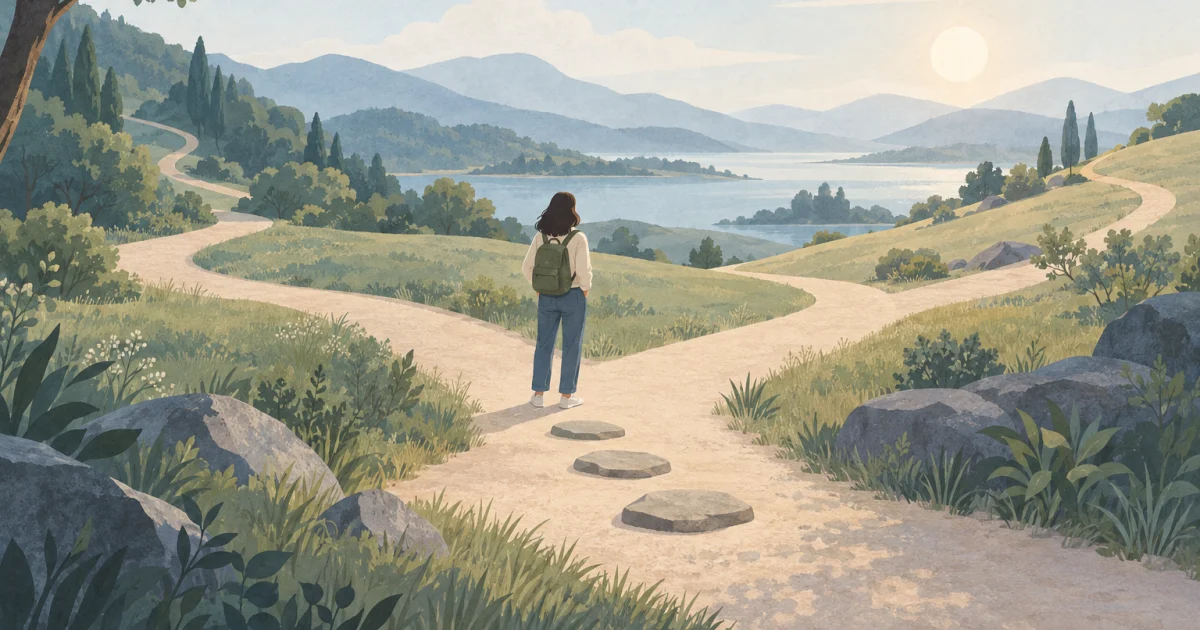 A figure stands before gently branching paths in a blue, teal and sage landscape, with stepping stones marking one possible way forward.