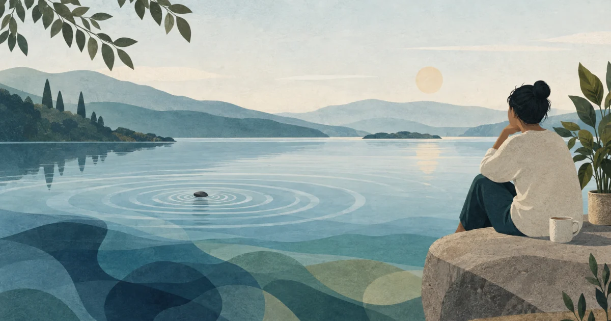 A stylised seated figure beside a cup and plant watches ripples spread across water, with layered blue, teal, and sage shapes beneath the surface.