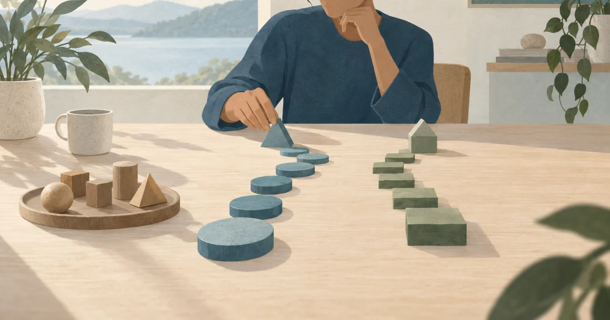 A stylised figure rearranges wooden shapes along two paths on a table, with several pieces set aside, in muted blue, teal, sage, and warm neutral tones.