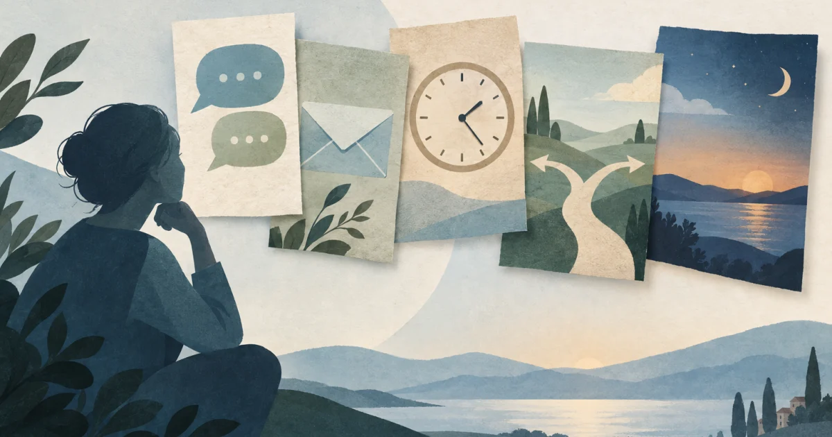 एक abstract figure, पाँच overlapping panels के पास, जिनमें conversation bubbles, एक envelope, एक clock, branching paths और एक landscape दिख रहे हैं; रंग muted blue, teal, sage और warm neutral tones है