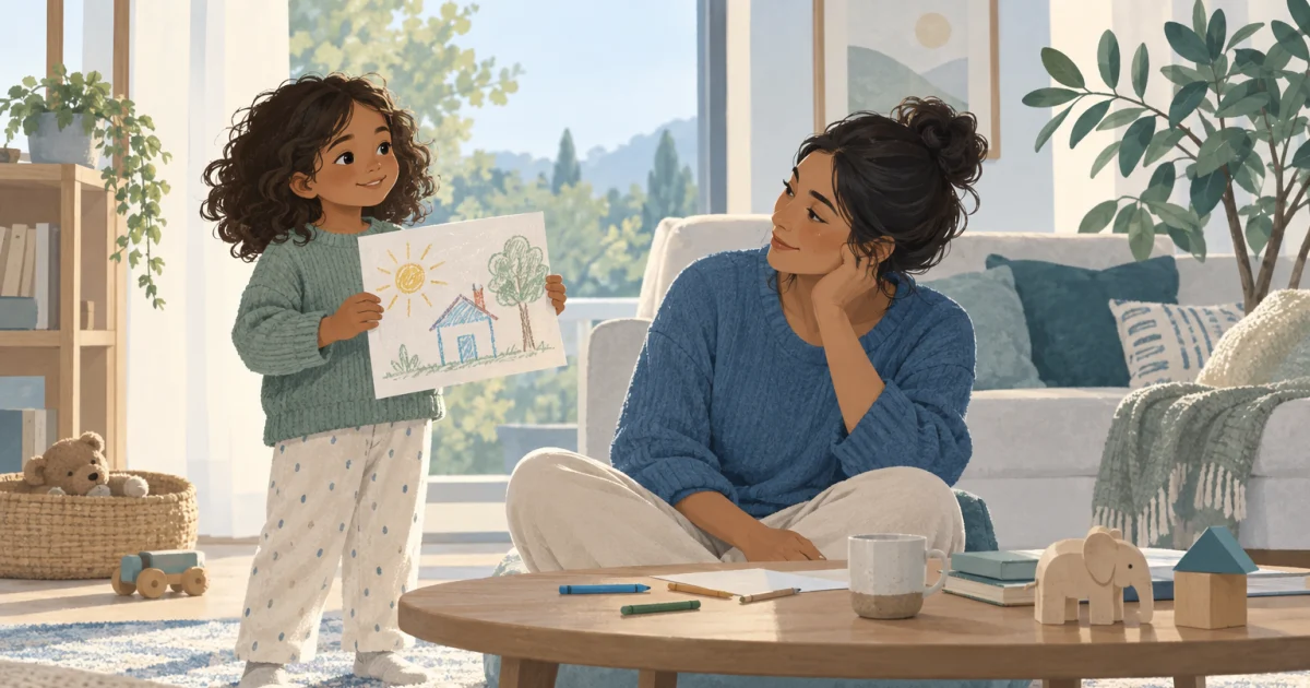 एक बच्चा अपनी drawing पकड़े हुए है और पास बैठा caregiver उसकी तरफ मुड़ रहा है, साथ में toys, एक नीची मेज़, और हल्के रंगों वाला घर है।