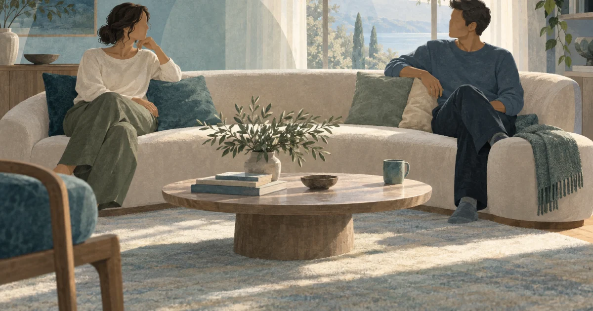 एक softly lit कमरे में blue, teal, sage और warm neutral tones के साथ curved sofa पर दो illustrated adults अलग-अलग बैठे हैं, और थोड़ा एक-दूसरे की तरफ मुड़े हुए हैं।