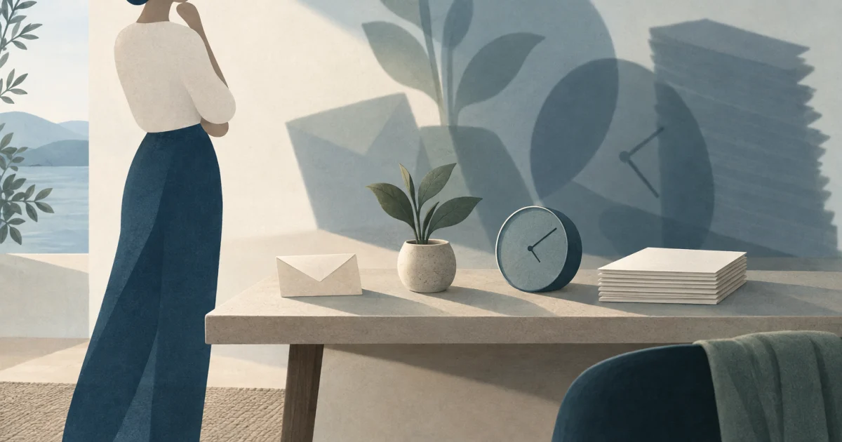 एक abstract figure table के पास खड़ा है, जहाँ envelope, plant, clock, और blank papers हैं; इनके blue, teal, sage, और warm neutral tones में बड़े shadows पड़ रहे हैं.