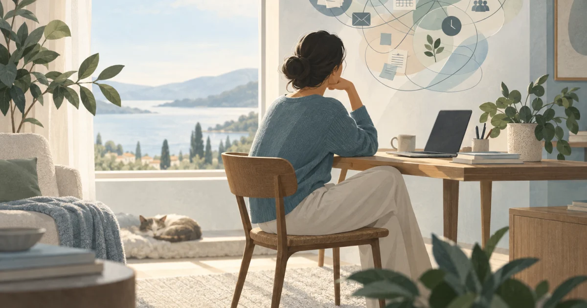 एक stylised व्यक्ति शांत room में window के पास बैठा है, और desk के ऊपर blue, teal, sage, और warm neutral tones में overlapping loops और छोटे task जैसे shapes floating कर रहे हैं।