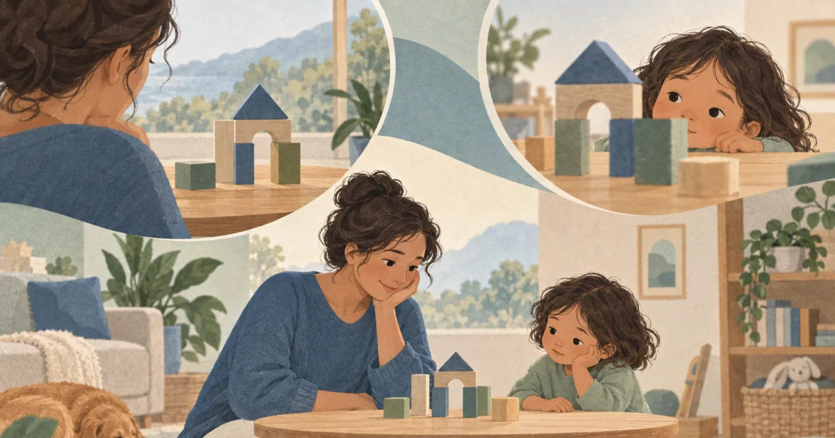 एक caregiver और बच्चा एक low table के दोनों तरफ़ रखे wooden blocks को देखते हैं, softly illustrated blue, teal, sage और warm neutral कमरे में।