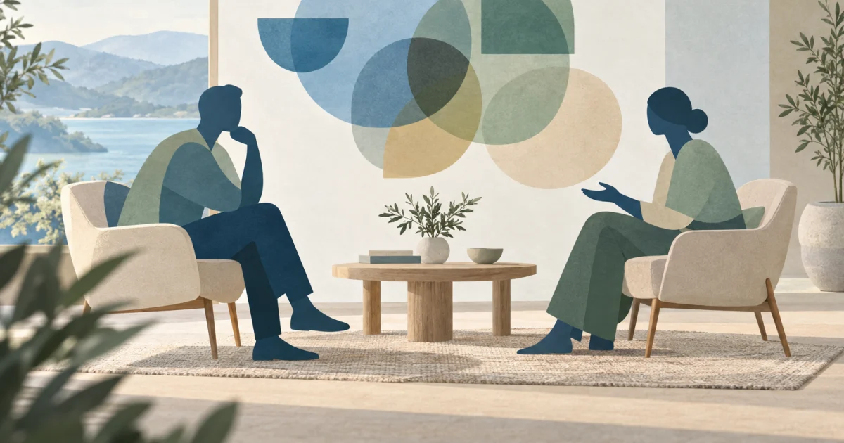 दो abstract figures एक low table के सामने बैठे हैं, उनके बीच translucent blue, teal, और sage shapes overlapping हैं, warm neutral background के साथ।