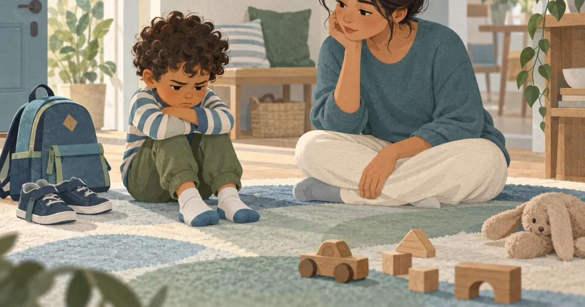 एक चित्र जिसमें एक परेशान बच्चा rug पर बैठा है और पास में caregiver बैठा है, साथ में जूते, school bag, और toys हैं, घर का माहौल नरम रंगों में दिखाया गया है।