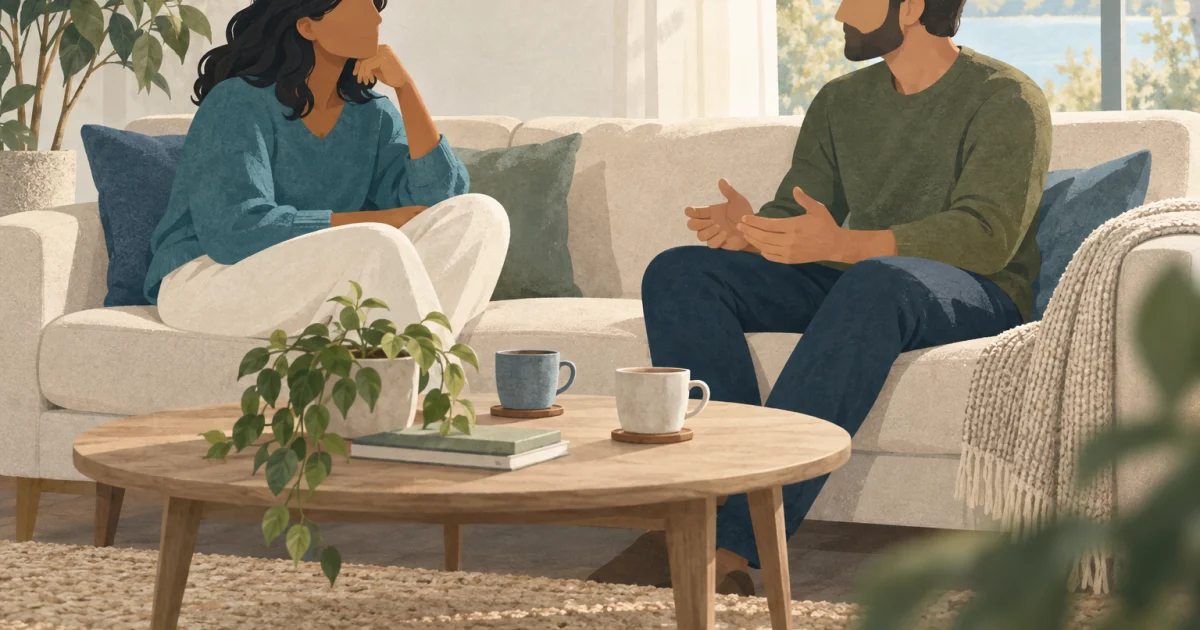 दो adults एक blue sofa पर एक-दूसरे की तरफ मुड़े हुए बैठे हैं, सामने low table पर दो कप हैं और softly lit window के पास एक leafy plant रखा है.