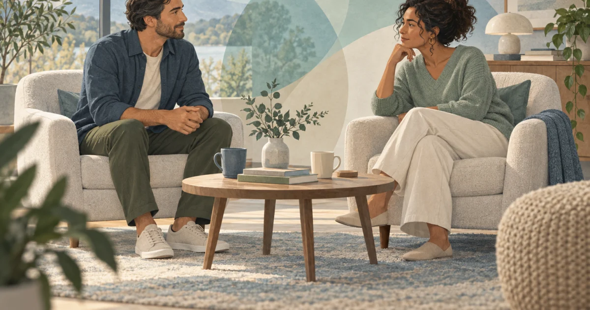 दो illustrated adults एक softly lit living room में एक-दूसरे के सामने बैठे हैं, और उनके आसपास blue, teal, sage, तथा warm neutral shapes हैं।