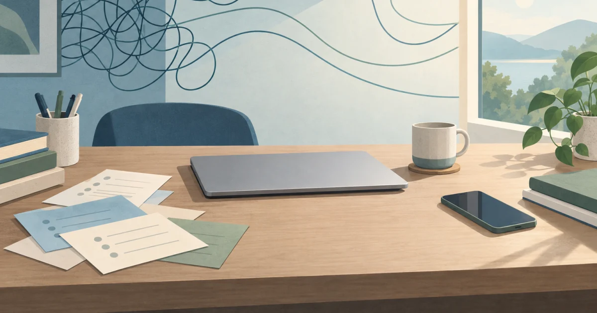 एक illustrated desk, जिसमें बंद laptop, task cards, clock और phone हैं, और looping lines धीरे-धीरे एक softly lit window और plant की तरफ खुलती दिखती हैं।