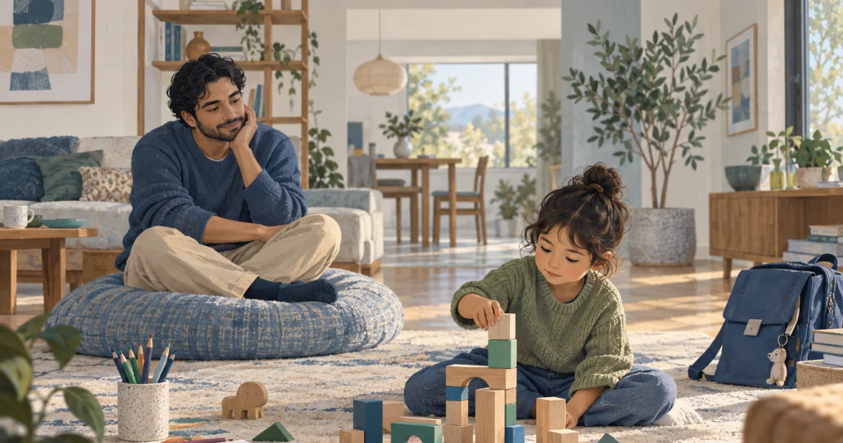 एक caregiver फर्श पर cushion पर बैठा है, पास में एक बच्चा लकड़ी के blocks से बना रहा है, और पास ही schoolbag और drawing materials एक नरम रंग वाले कमरे में रखे हैं।