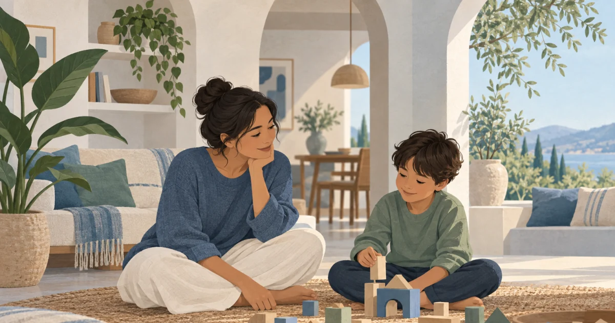 एक caregiver और child का illustration, जो woven rug पर wooden building pieces के पास साथ बैठे हैं, और आसपास plants, soft blue, teal, sage, और warm neutral colors हैं।