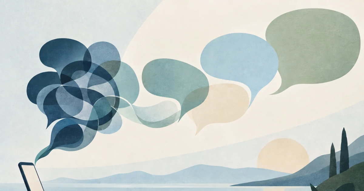 पाँच abstract speech bubbles एक stylised phone से निकलते हुए दिख रहे हैं, जो tangled shapes से open shapes में बदल रहे हैं; रंग blue, teal, sage और warm neutral tones हैं.