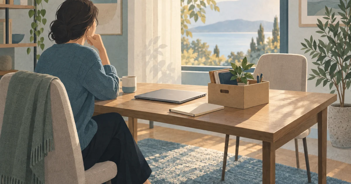 एक stylised व्यक्ति घर के desk के पास खड़ा है, पास में बंद laptop, notebook और office सामान का box है, खिड़की से धूप आ रही है और एक हरा पौधा दिख रहा है।