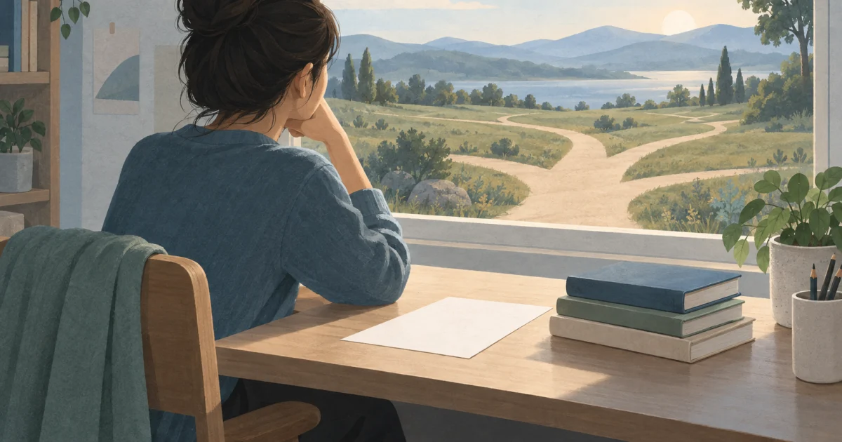 एक illustration में एक student बंद किताबों के पास desk पर बैठा है, और window के बाहर एक छोटा पौधा व आगे जाती शाखाओं जैसी राहें दिख रही हैं.