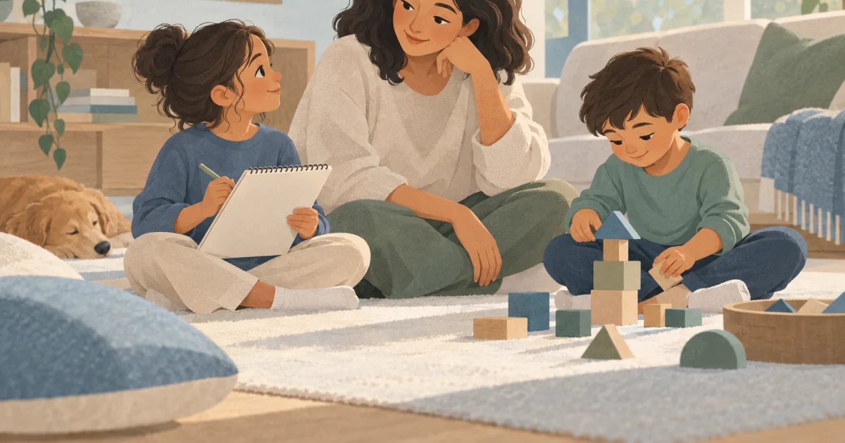 एक caregiver दो बच्चों के साथ eye level पर बैठा है, एक के हाथ में sketchbook है और दूसरा building pieces से खेल रहा है, एक softly illustrated blue, teal और sage कमरे में।