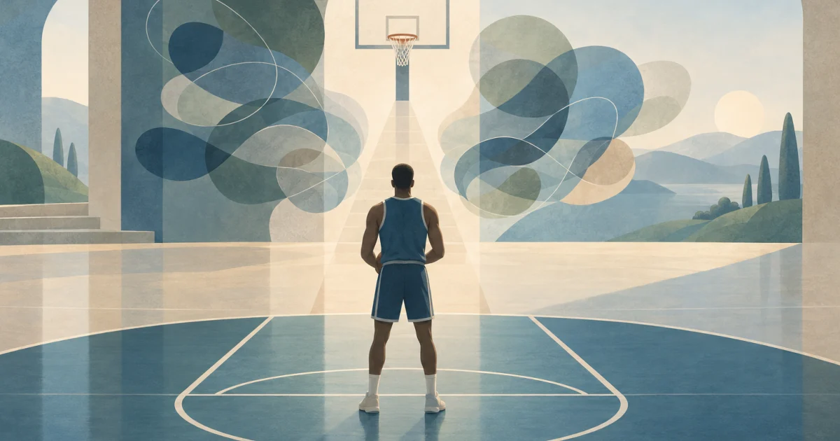 एक stylised athlete नीले और sage court पर basketball hoop की तरफ देख रहा है, उसके आसपास looping abstract shapes हैं और आगे खुली जगह है.