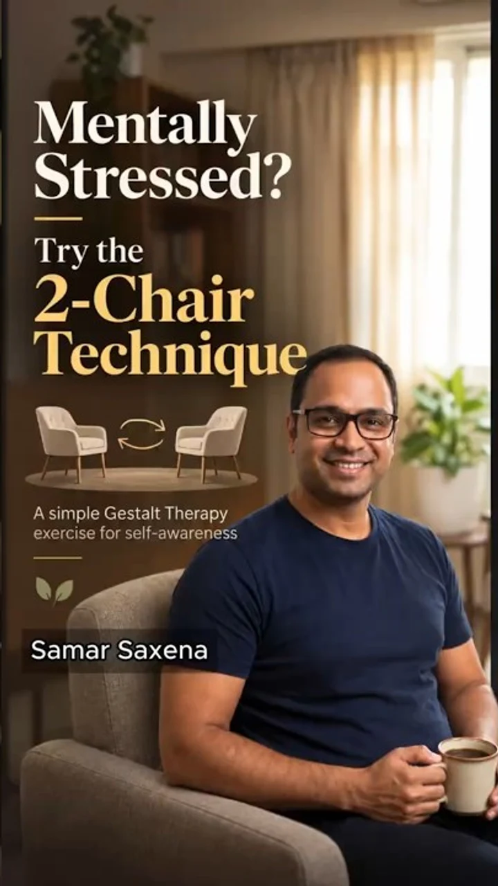 Samar seated in an armchair beside text introducing the two-chair technique for feeling mentally stressed.